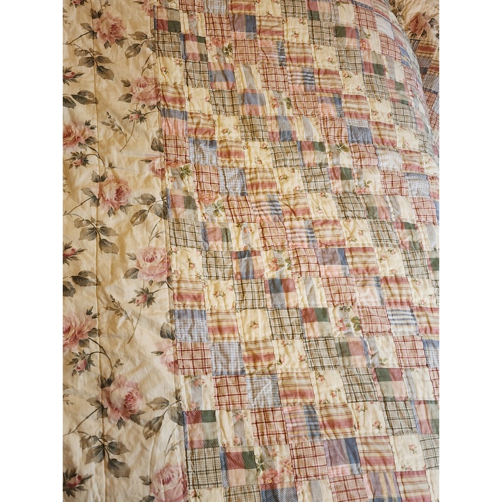Vintage Laura Ashley King Quilt Patchwork Floral Plaid Cotton Cottagecore 104x86